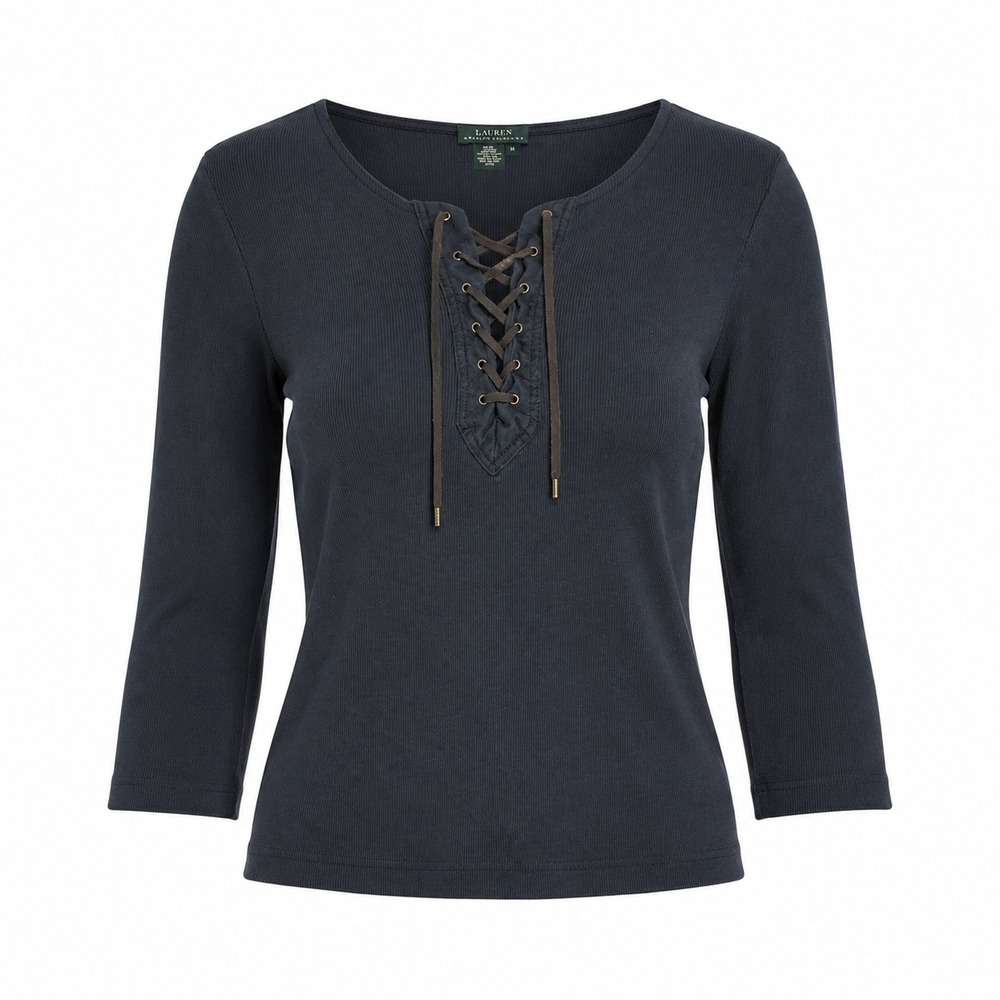 Lauren Ralph Lauren Lace Up Top Womens Medium Navy Blue‎ Ribbed Cotton Western.